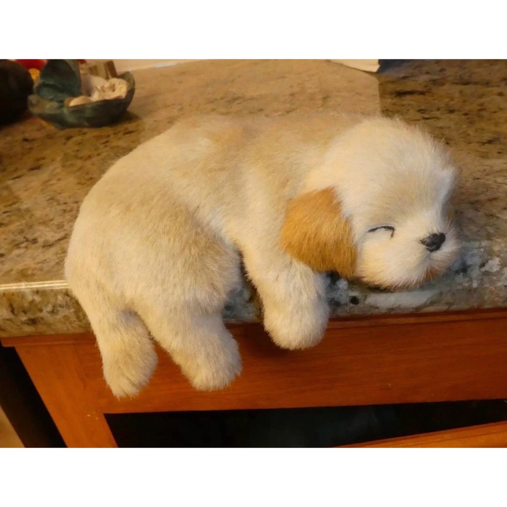 Realistic Sleeping Puppy Figurine Faux Fur Weighted Shelf Sitter Cream Tan
